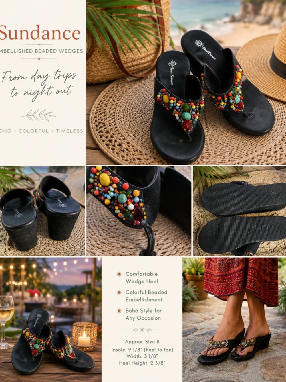 Sundance Beaded Wedge Sandals | Boho Platform Flip Flops | Approx. Size 7- 8